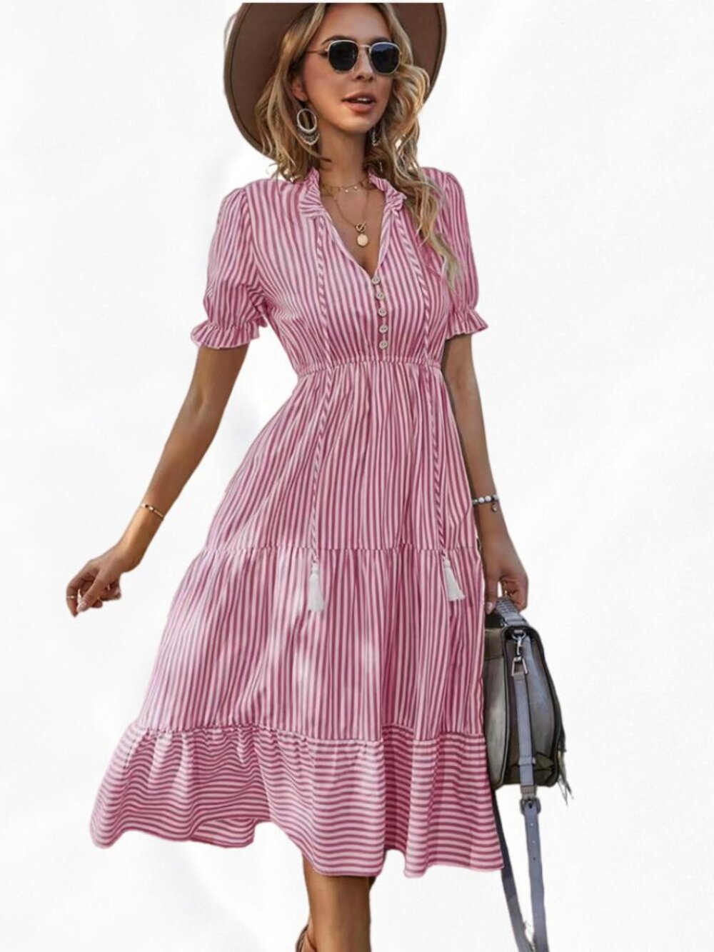 Women's Pink Striped V-Neck Puff-Sleeve Tiered Midi Dress